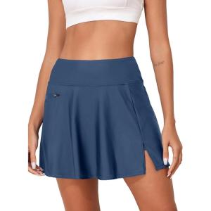 image:imageAleumdr Womens 3 High Waisted Swim Skirt with Zipper Pockets Tummy Control Side Split Bathing Suit Swimsuit Tankini BottomsSail Blue