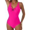 image:imageAleumdr Tummy Control One Piece Bathing Suit for Women V Neck Tie Front Cutout Swimsuit High Cut Slimming SwimwearRose Red