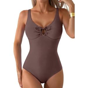image:imageAleumdr Tummy Control One Piece Bathing Suit for Women V Neck Tie Front Cutout Swimsuit High Cut Slimming SwimwearCoffee