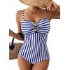 image:imageAleumdr Womens Striped One Piece Swimsuit Tummy Control Bathing Suit with Metal Ring Cutout SwimwearBlue Stripe