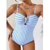 image:imageAleumdr Womens Striped One Piece Swimsuit Tummy Control Bathing Suit with Metal Ring Cutout SwimwearSky Blue Stripe