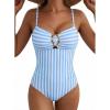 image:imageAleumdr Womens Striped One Piece Swimsuit Tummy Control Bathing Suit with Metal Ring Cutout SwimwearSky Blue Stripe