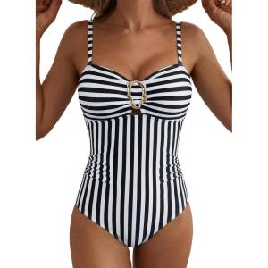 image:imageAleumdr Womens Striped One Piece Swimsuit Tummy Control Bathing Suit with Metal Ring Cutout SwimwearBlack Stripe