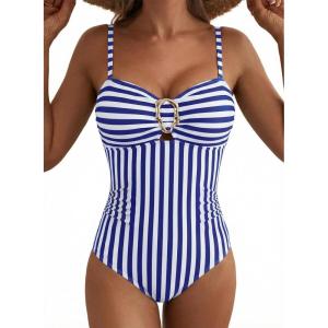 image:imageAleumdr Womens Striped One Piece Swimsuit Tummy Control Bathing Suit with Metal Ring Cutout SwimwearBlue Stripe