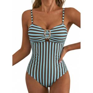 image:imageAleumdr Womens Striped One Piece Swimsuit Tummy Control Bathing Suit with Metal Ring Cutout SwimwearBrown Stripe
