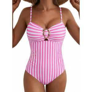 image:imageAleumdr Womens Striped One Piece Swimsuit Tummy Control Bathing Suit with Metal Ring Cutout SwimwearPink Stripe