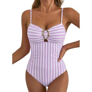 image:imageAleumdr Womens Striped One Piece Swimsuit Tummy Control Bathing Suit with Metal Ring Cutout SwimwearPurple Stripe