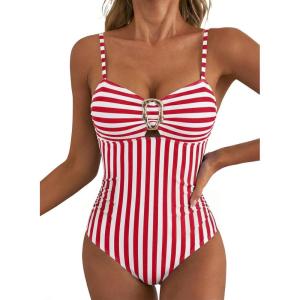 image:imageAleumdr Womens Striped One Piece Swimsuit Tummy Control Bathing Suit with Metal Ring Cutout SwimwearRed Stripe