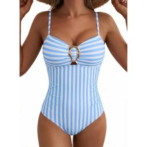 image:imageAleumdr Womens Striped One Piece Swimsuit Tummy Control Bathing Suit with Metal Ring Cutout SwimwearSky Blue Stripe