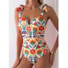 image:imageAleumdr Womens One Piece Swimsuits Tummy Control Bathing Suits V Neck Boho Tie Shoulder Ruched Full Coverage SwimwearOrange
