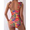 image:imageAleumdr Womens One Piece Swimsuits Tummy Control Bathing Suits V Neck Boho Tie Shoulder Ruched Full Coverage SwimwearRed Printed