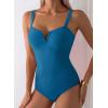 image:imageAleumdr Womens One Piece Swimsuits Tummy Control Bathing Suits V Neck Boho Tie Shoulder Ruched Full Coverage SwimwearSolid Prussian Blue