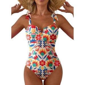 image:imageAleumdr Womens One Piece Swimsuits Tummy Control Bathing Suits V Neck Boho Tie Shoulder Ruched Full Coverage SwimwearOrange