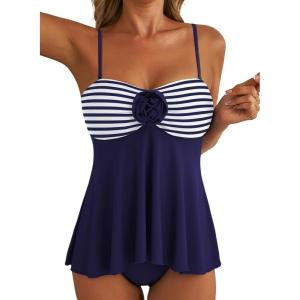 image:imageAleumdr Womens Tankini Swimsuit Flower Flyaway Two Piece Bathing Suit Bandeau Swim Top with High Waisted BottomBlue Stripe