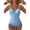 image:imageAleumdr Womens One Piece Swimsuits Tummy Control Bathing Suits V Neck Boho Tie Shoulder Ruched Full Coverage SwimwearBlue Stripe