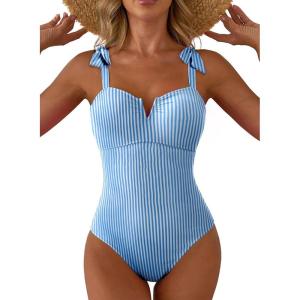 image:imageAleumdr Womens One Piece Swimsuits Tummy Control Bathing Suits V Neck Boho Tie Shoulder Ruched Full Coverage SwimwearBlue Stripe
