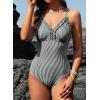 image:imageAleumdr Womens One Piece Swimsuit Striped Tummy Control V Neck Ruffle Trim 2026 Bathing Suit Printed SwimwearBlack Striped