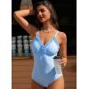 image:imageAleumdr Womens One Piece Swimsuit Striped Tummy Control V Neck Ruffle Trim 2026 Bathing Suit Printed SwimwearSky Blue Stripe