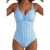 image:imageAleumdr Womens One Piece Swimsuit Striped Tummy Control V Neck Ruffle Trim 2026 Bathing Suit Printed SwimwearSky Blue Stripe