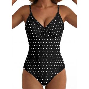 image:imageAleumdr Womens One Piece Swimsuit Striped Tummy Control V Neck Ruffle Trim 2026 Bathing Suit Printed SwimwearBlack