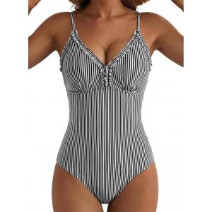 image:imageAleumdr Womens One Piece Swimsuit Striped Tummy Control V Neck Ruffle Trim 2026 Bathing Suit Printed SwimwearBlack Striped