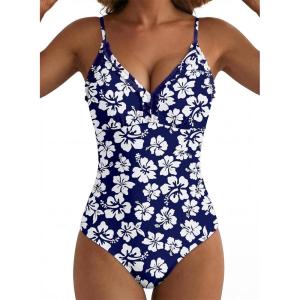 image:imageAleumdr Womens One Piece Swimsuit Striped Tummy Control V Neck Ruffle Trim 2026 Bathing Suit Printed SwimwearBlue Floral