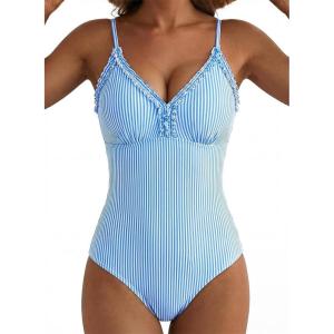 image:imageAleumdr Womens One Piece Swimsuit Striped Tummy Control V Neck Ruffle Trim 2026 Bathing Suit Printed SwimwearSky Blue Stripe