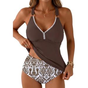image:imageAleumdr Tankini Swimsuits for Women 2 Piece Tummy Control Bathing Suit V Neck Tankini Top with High Waisted BottomDesert Palm