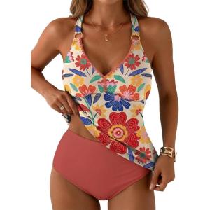 image:imageAleumdr Tankini Swimsuits for Women 2 Piece Tummy Control Bathing Suit V Neck Tankini Top with High Waisted BottomFloral Pink