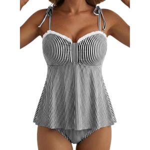 image:imageAleumdr Womens Tankini Bathing Suit Tie Knot 2026 Summer Two Piece Swimsuit Printed Swim Tank Top with High Waisted BottomBlack Striped