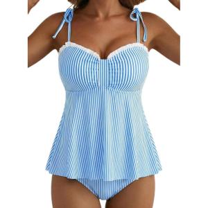 image:imageAleumdr Womens Tankini Bathing Suit Tie Knot 2026 Summer Two Piece Swimsuit Printed Swim Tank Top with High Waisted BottomBlue Striped