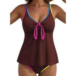 image:imageAleumdr Women Textured Popular Tankini Bathing Suit Tie Knot Two Piece Swimsuit Color Block Cutout Flowy Swim Top with BottomRed