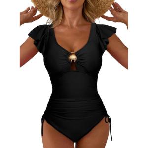 image:imageAleumdr Womens Tummy Control Swimsuits Slimming One Piece Bathing Suits Popular Swimsuit Shell Ruffle SwimwearBlack