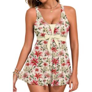 image:imageAleumdr Women Printed Two Piece Tankini Swimsuits Tummy Control Swim Dress High Waisted Boyshort with PocketsBeige Floral