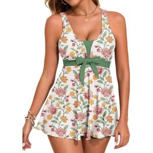 image:imageAleumdr Women Printed Two Piece Tankini Swimsuits Tummy Control Swim Dress High Waisted Boyshort with PocketsGreen Floral