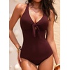 image:imageAleumdr Textured One Piece Swimsuit for Women Cutout Tummy Control Bathing Suits Tie Knot Modest Swimwear 2026Burgundy