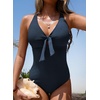 image:imageAleumdr Textured One Piece Swimsuit for Women Cutout Tummy Control Bathing Suits Tie Knot Modest Swimwear 2026Navy Blue
