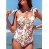 image:imageAleumdr Womens One Piece Swimsuits Tummy Control Bathing Suits V Neck Boho Tie Shoulder Ruched Full Coverage SwimwearBeige