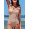 image:imageAleumdr Womens One Piece Swimsuits Tummy Control Bathing Suits V Neck Boho Tie Shoulder Ruched Full Coverage SwimwearKhaki