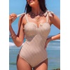 image:imageAleumdr Womens One Piece Swimsuits Tummy Control Bathing Suits V Neck Boho Tie Shoulder Ruched Full Coverage SwimwearKhaki
