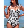 image:imageAleumdr Womens One Piece Swimsuits Tummy Control Bathing Suits V Neck Boho Tie Shoulder Ruched Full Coverage SwimwearWhite