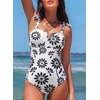 image:imageAleumdr Womens One Piece Swimsuits Tummy Control Bathing Suits V Neck Boho Tie Shoulder Ruched Full Coverage SwimwearWhite