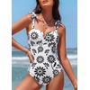 image:imageAleumdr Womens One Piece Swimsuits Tummy Control Bathing Suits V Neck Boho Tie Shoulder Ruched Full Coverage SwimwearWhite