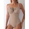 image:imageAleumdr Womens Textured One Piece Swimsuit Tummy Control Bathing Suit Tie Knot Cutout SwimwearVintage Plaid