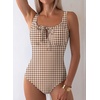 image:imageAleumdr Womens Textured One Piece Swimsuit Tummy Control Bathing Suit Tie Knot Cutout SwimwearVintage Plaid