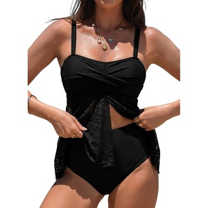 image:imageAleumdr Tankini Swimsuits for Women Modest Two Piece Bathing Suits Flowy Mesh Swim Top with High Waisted BottomBlack