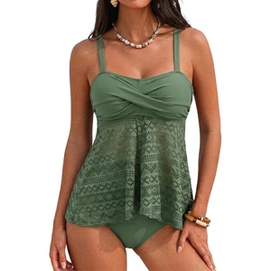 image:imageAleumdr Tankini Swimsuits for Women Modest Two Piece Bathing Suits Flowy Mesh Swim Top with High Waisted BottomMist Green