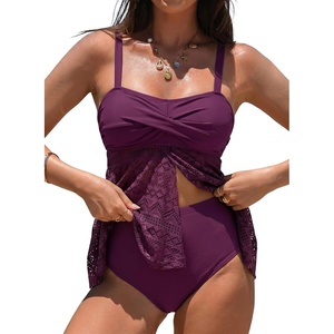 image:imageAleumdr Tankini Swimsuits for Women Modest Two Piece Bathing Suits Flowy Mesh Swim Top with High Waisted BottomViolet