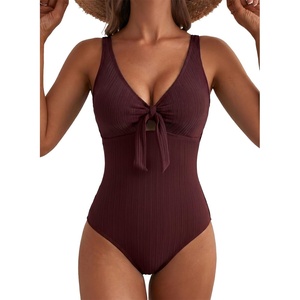 image:imageAleumdr Textured One Piece Swimsuit for Women Cutout Tummy Control Bathing Suits Tie Knot Modest Swimwear 2026Burgundy