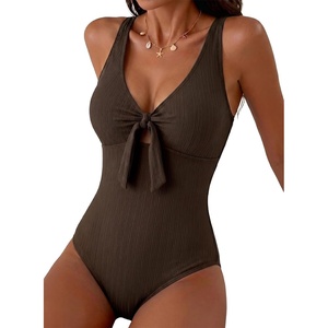 image:imageAleumdr Textured One Piece Swimsuit for Women Cutout Tummy Control Bathing Suits Tie Knot Modest Swimwear 2026Coffee